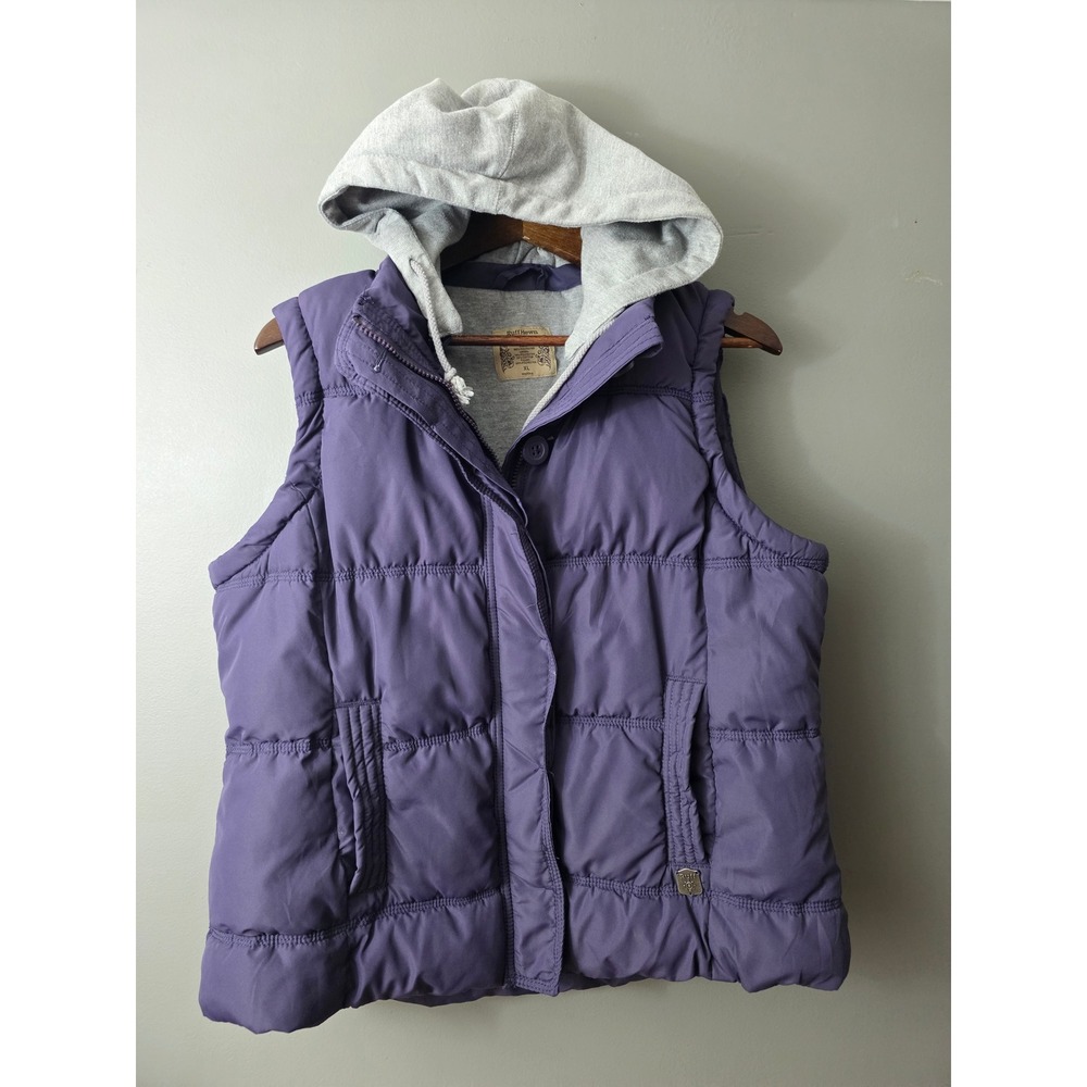 Ruff Hewn Wellworn Purple Puffer Vest with Grey Jersey Hood Womens XL